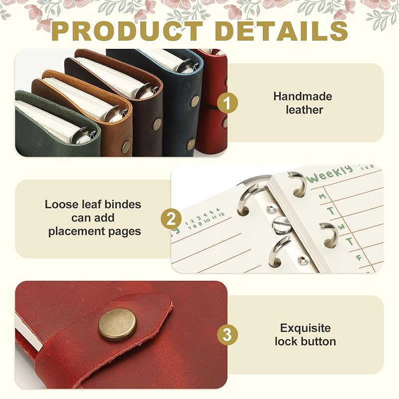 PATIKIL A9 Genuine Leather Journal 3-Ring Binder Planner with 60 Sheets of Loose-Leaf Paper (Refillable), Snap Button Closure, Red