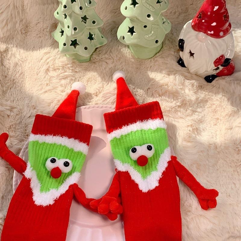 Female Autumn and Winter Cartoon Lovely Christmas Holding Hand Tube Cotton Socks