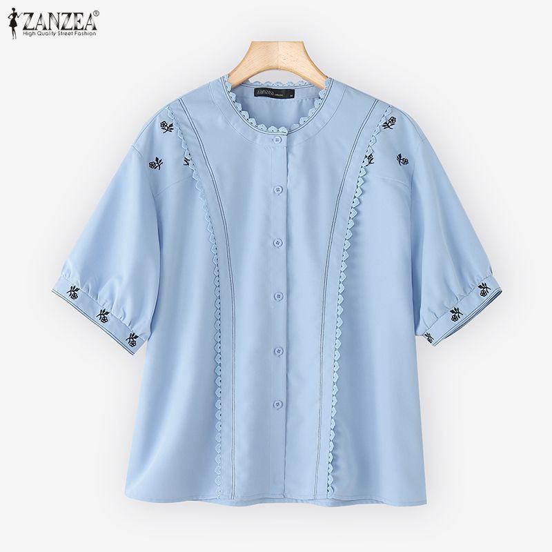 ZANZEA Summer Women Round Neck Short Sleeve Crochet Embroidery Casual Blouse