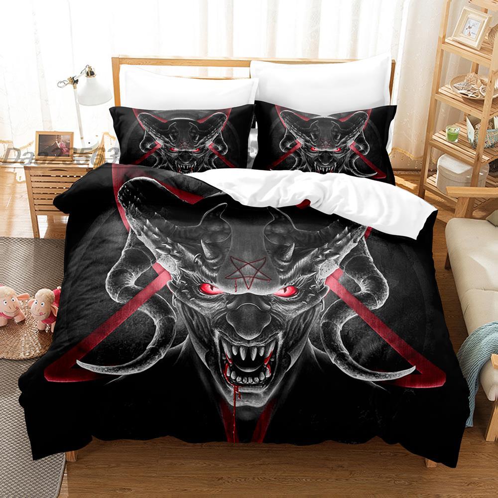 Dark Satanic Duvet Cover Set Satan Goat Inverted Pentagram Skull Bedding Set Full King Size Bed Set Bedroom Comforter Cover Set
