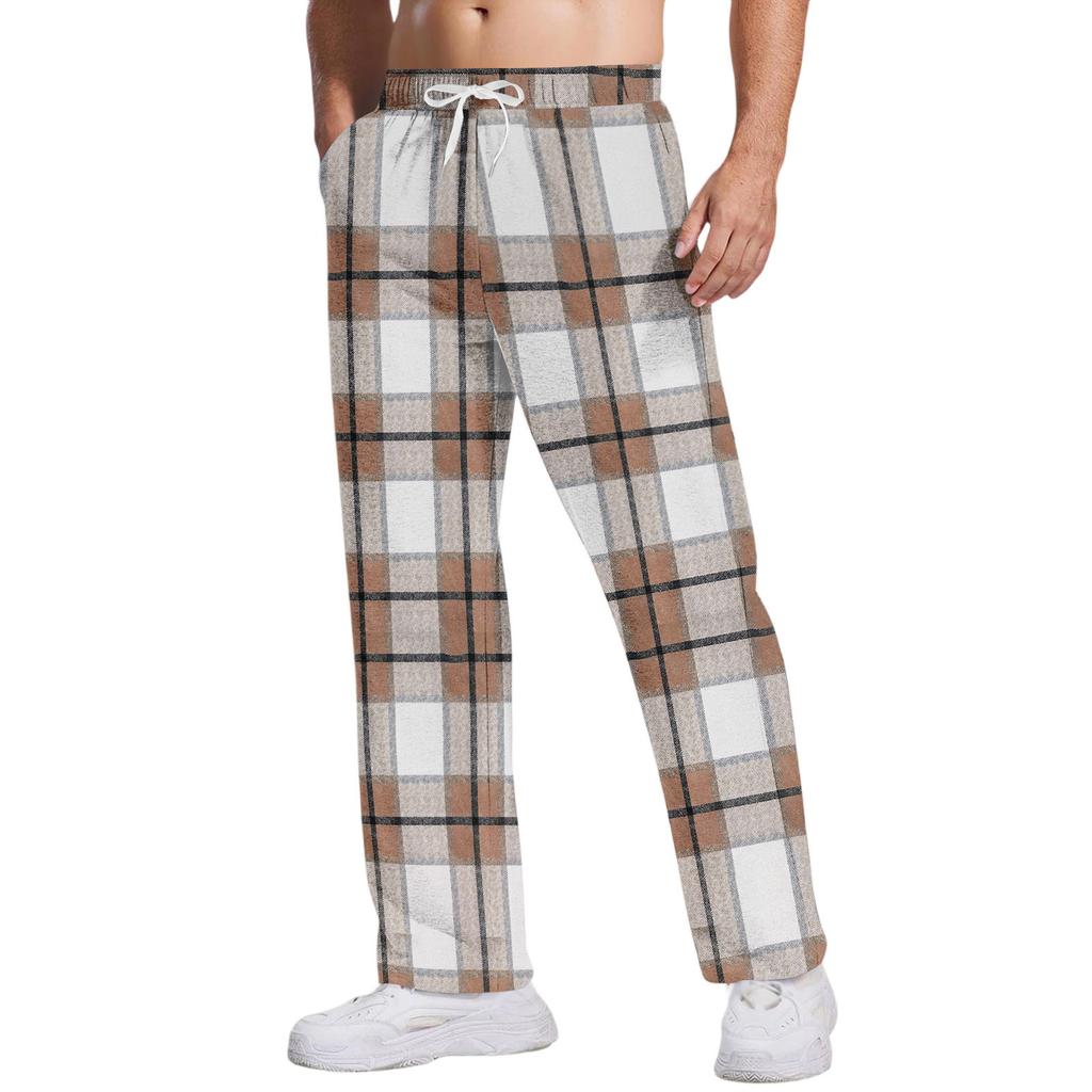 Men's Casual Pants With Pockets | Stripe Checkered Printed, Loose Straight Leg, Elastic Waist With Drawstring For Daily & Casual Wear