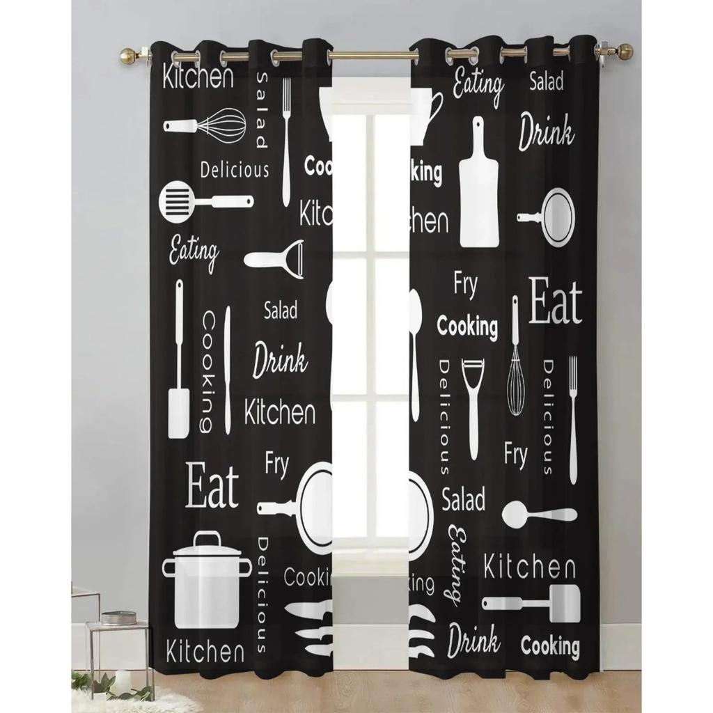 3D 2 Panels Chiffon Sheer Vorhang Küche Vorhang Küchengeschirr Chef Print Voile Tüll Cortinas für Küche Wohnzimmer Fenster Cort