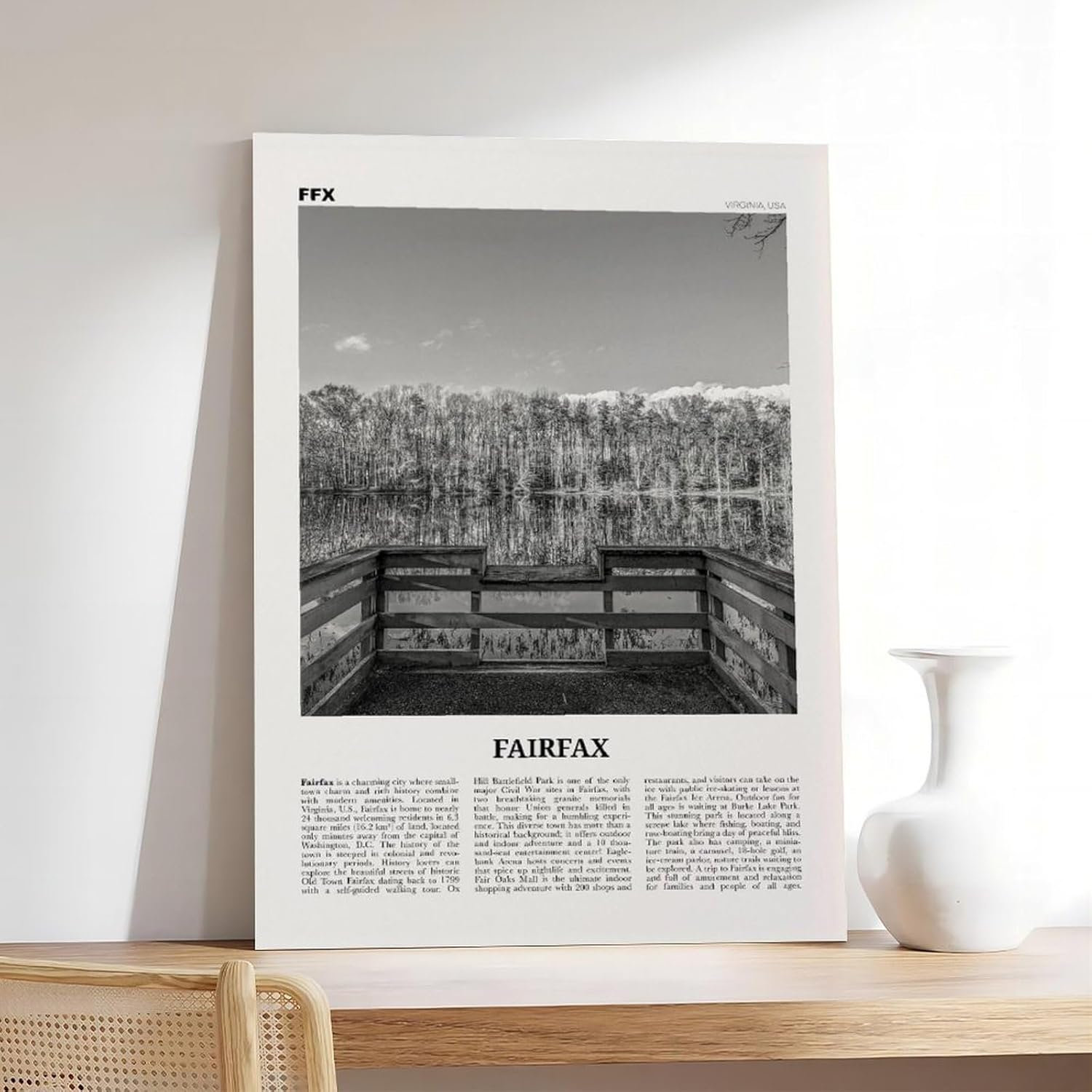 XIANF Fairfax Print Black And White Virginia, Fairfax Wall Art, Fairfax Poster, Fairfax Travel Photo Print, Fairfax Wall Decor, USA Canvas Poster