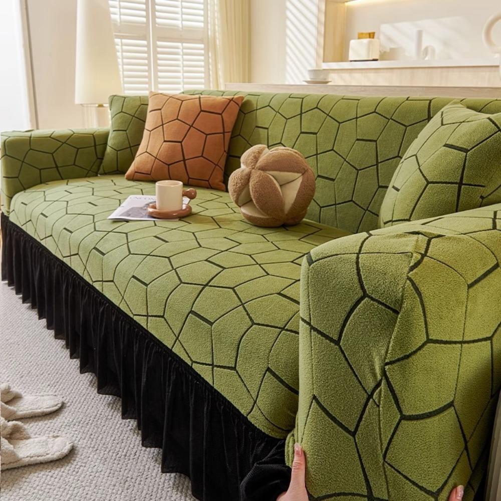 Jacquard Sofa Cover with Skirt Universal Full Coverage Stretch Slip Proof Fabric Couch Dust Protector