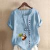 Women's Fashion Stone Hazelnut Prined Round Neck Short Sleeve T-shirt Casual Cotton Linen Graphic Shirt Leisure Loose Summer Blouse Tops