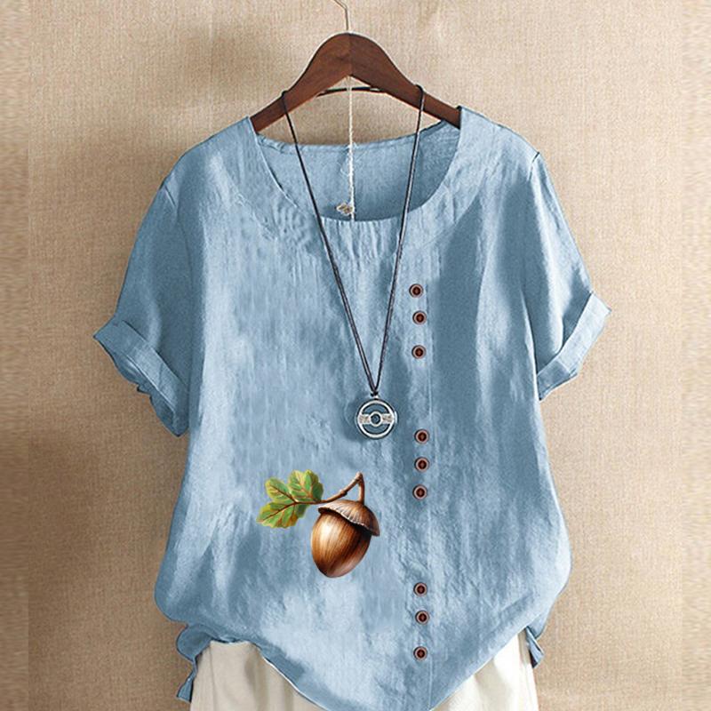 Women's Fashion Stone Hazelnut Prined Round Neck Short Sleeve T-shirt Casual Cotton Linen Graphic Shirt Leisure Loose Summer Blouse Tops