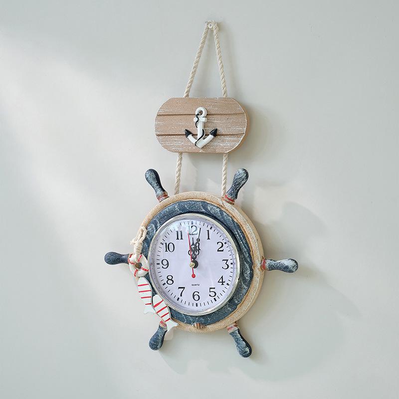 Vintage Mediterranean Ship Wheel Wall Clock - Distressed Wooden Decor for Living Room or Bar