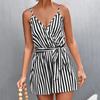 Dame Overall Ärmellose Tiefen V-ausschnitt Streifen Druck Kontrast Farbe Enge Taille Sommer Strampler Weibliche Kleidung