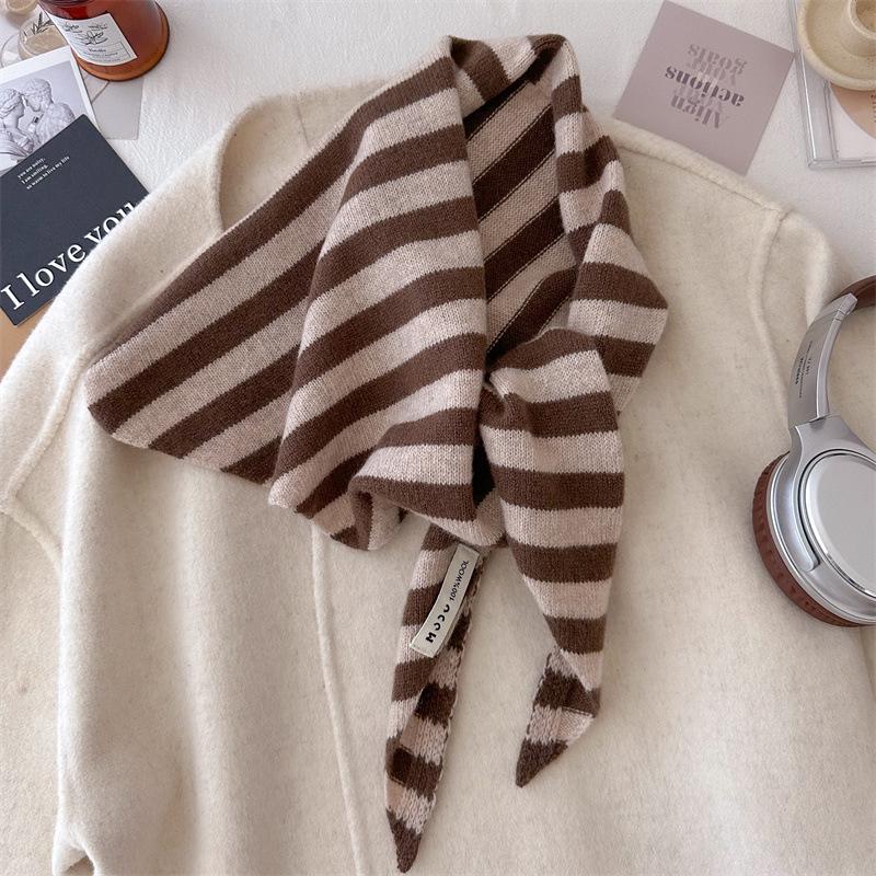 "100% Australian Wool Striped Triangular Scarf - Versatile Women's Knitted Shawl and Headscarf"