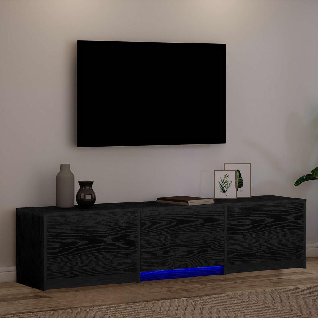TV Stand with LED Lighting Black Oak Finish 165 x 34 x 40 cm