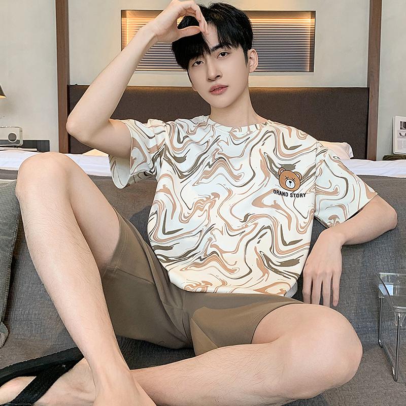 Letnie cienkie bawełniane dzianinowe bluzki z krótkim rękawem i szorty Męskie zestawy piżamowe koreańska piżama tie-dye dla mężczyzn Stroje do spania Odzież domowa