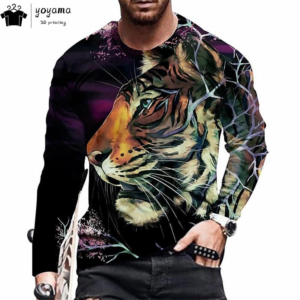 Tiger Print Men's Clothing Casual Loose Men's Shirts 3D Print Tiger Graphic T Shirts Breathable Men's Long Sleeve T-shirt Tops