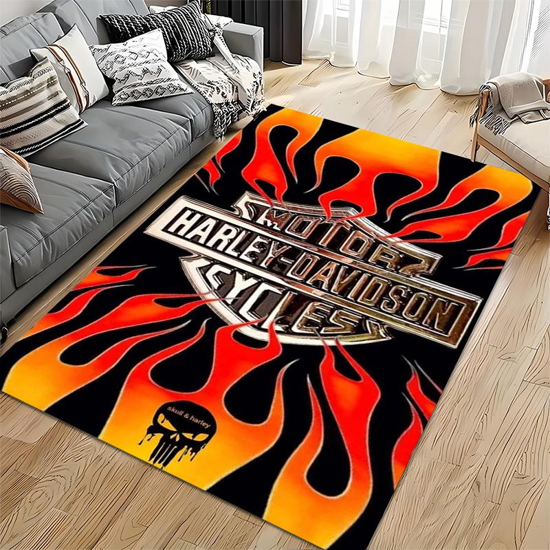 Area Rug, Harley Davidson Motorcycles Chrome Logo Orange Flames Black Biker Art Print, Man Cave Decor, Non-Slip Mat