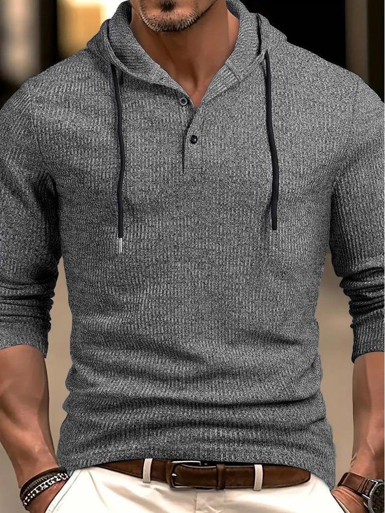 Men's Casual Long Sleeve Hooded Pullover with Drawstring and Buttons for Autumn/Winter