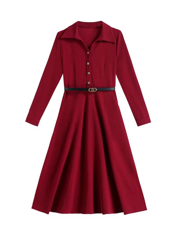 Trendy Korean Style Patchwork Waist-Cinched Mid-Length Dress for Women - 2026 Spring/Autumn