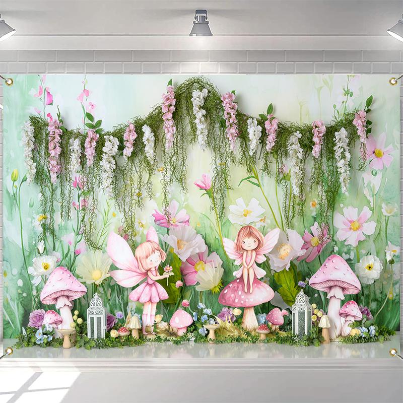 LS Fairy Girl Mushroom Mystery Garden Backdrops Kids Baby 1st Birthday Cake Smash Props Child Spring Floral Props Backgrounds