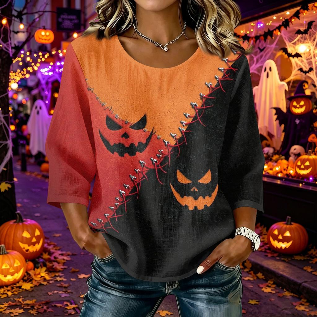 Women's Happy Halloween Print Blouse - Round Neck Three-Quarter Sleeve Cotton Linen Casual Top for Holiday Costume and Everyday Wear