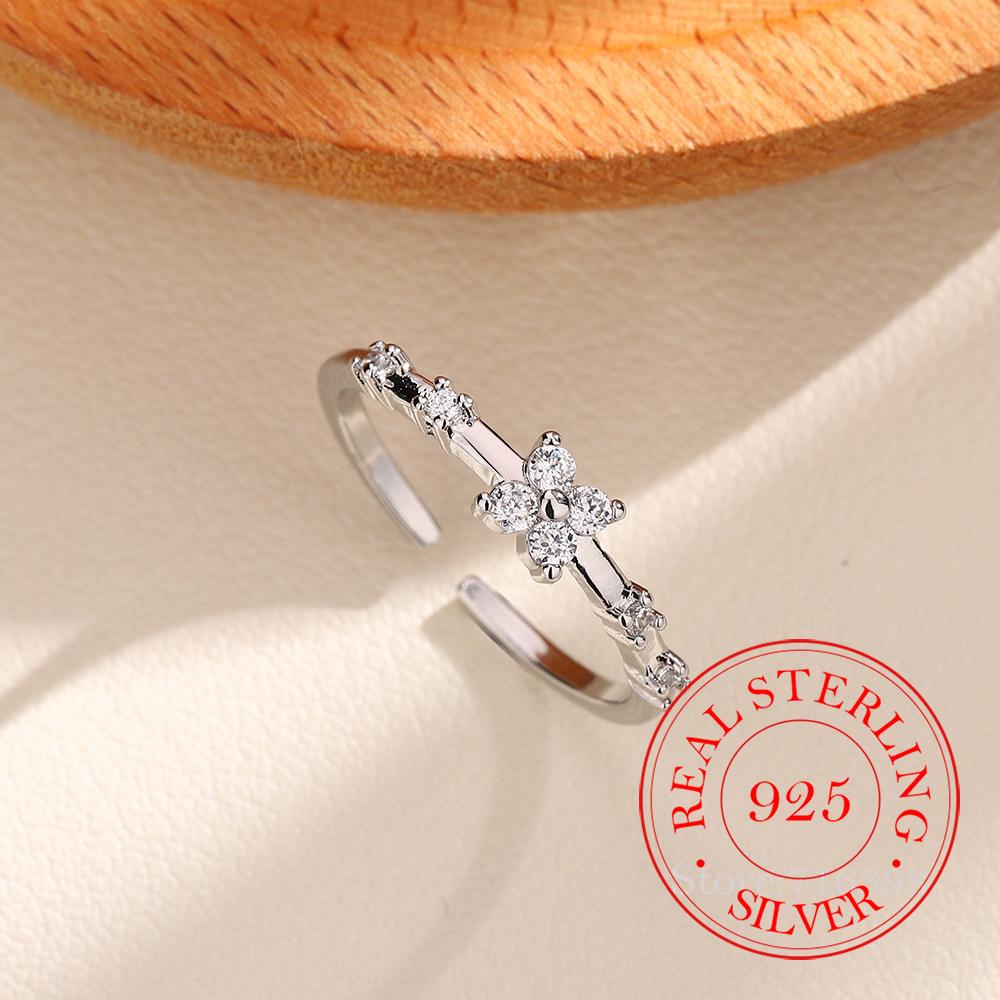 

Luxury 925 Sterling Silver Zircon Four-leaf Clover Adjustable Finger Rings for Women Money 925 Wedding Party Jewelry Gift One Size