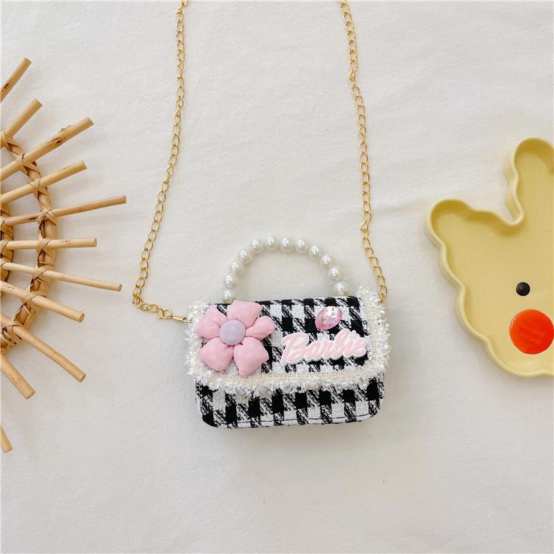 Delightful Kids Miniature Floral Purse With Comfortable Chain Shoulder Strap Black Houndstooth