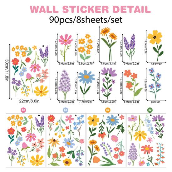 8 Sheets Flowers Wall Decals Watercolor Spring Floral Wall Sticker Colorful Peel And Stick Mural Wall Art for Home Bathroom Kitchen Decor
