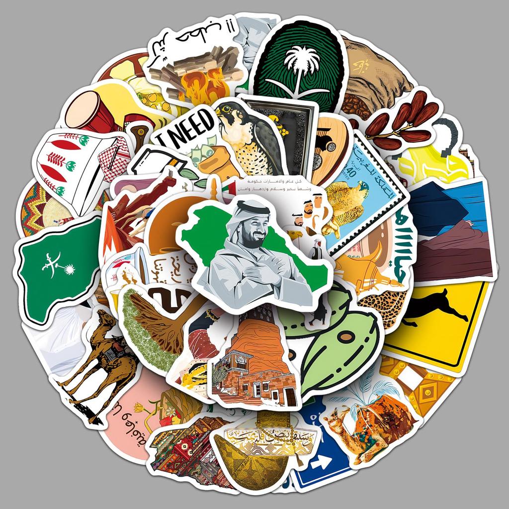 50 Sheets Arabic Style Humanistic Cartoon Decorative Stickers for Speakers & Headphones - No Cutting Needed