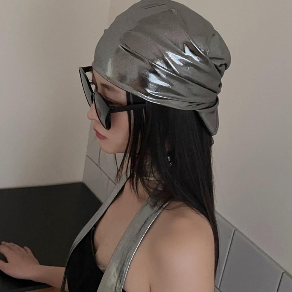 Y2K Liquid Silver Hair Scarf Soft Wrap Punk Bandana Headwear Laser Color Hair Band Girls