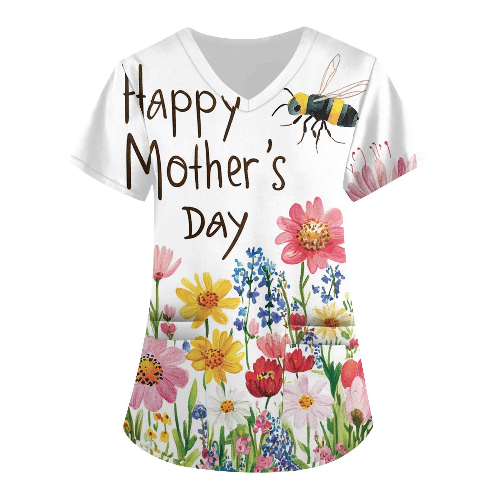 

Women s Fashion V-neck Short-sleeved Work Clothes With Pockets Mother s Day Print Top Care Wear XXL Кіновар