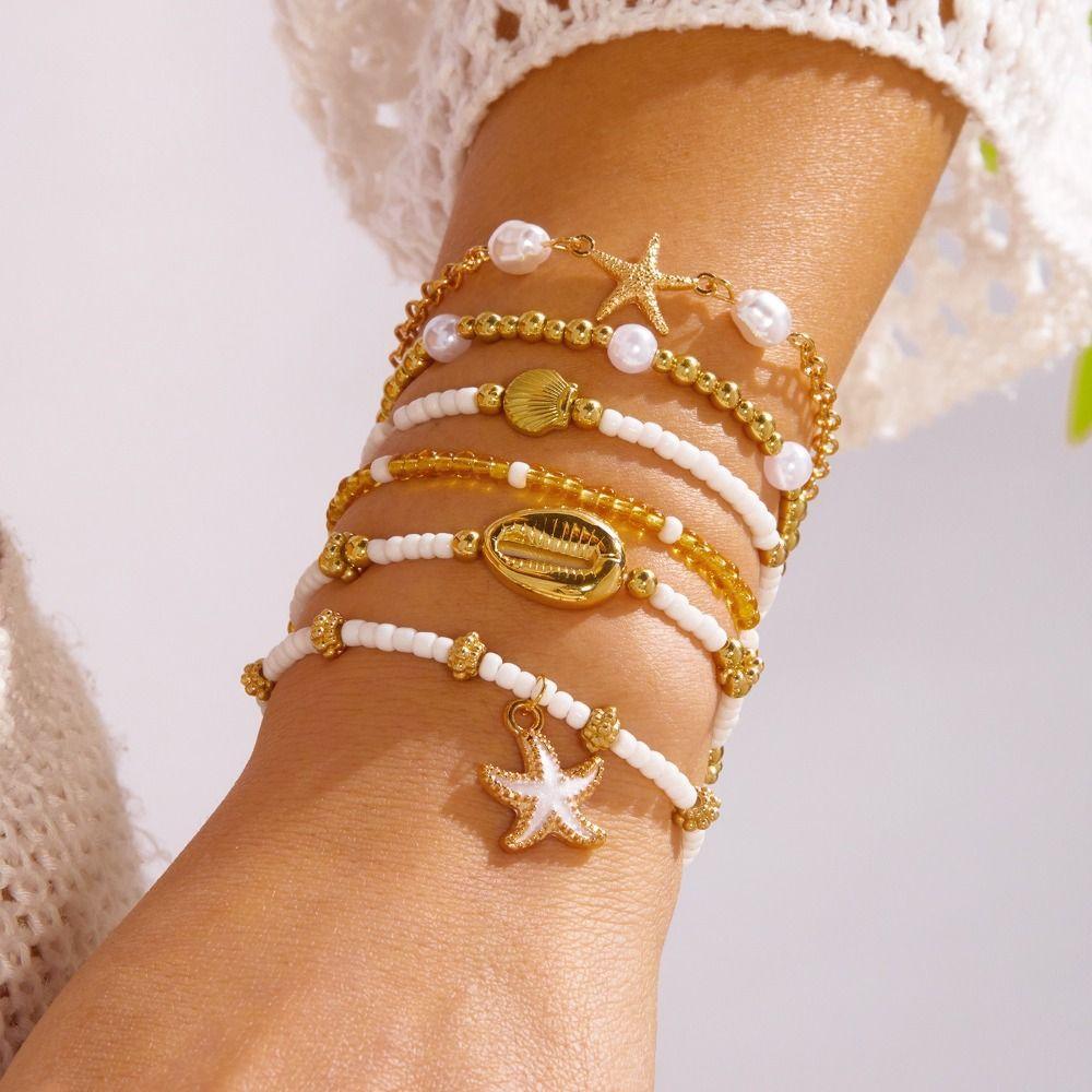 Open Bangle Shell Bracelet Set Gold Color Bohemian Bracelet Set  Women Jewelry