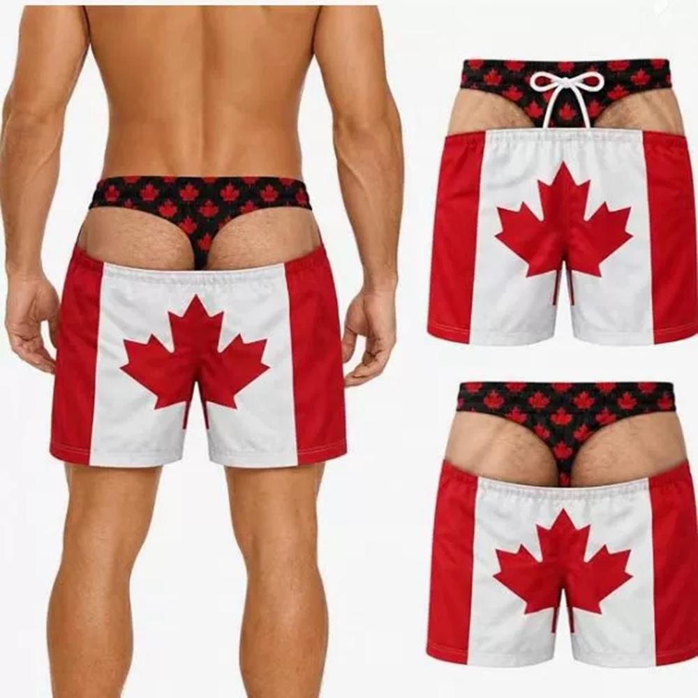Men Funny 3D Illusion Swim Trunks, Canada Maple Leaf Flag Print Maple Waist Fake‑Skin Visual Quick‑Dry Drawstring Prank Beach Board Shorts