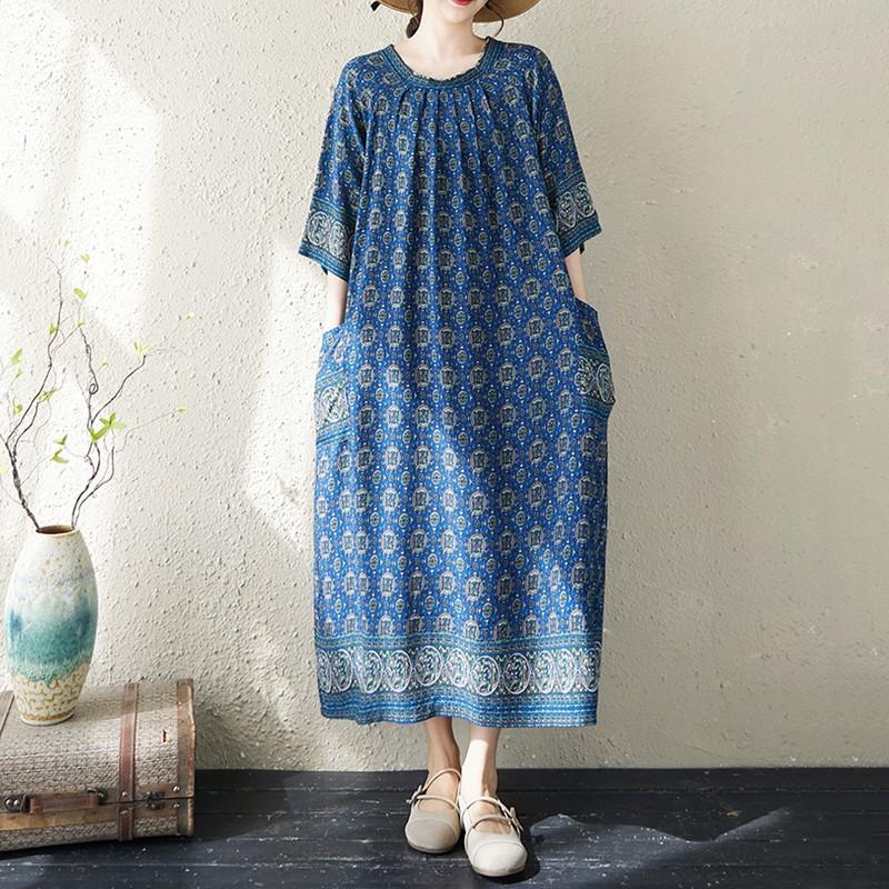 

Новое хлопковое платье больших размеров с коротким рукавом и цветочным принтом для женщин, повседневное свободное длинное летнее платье темно-синий