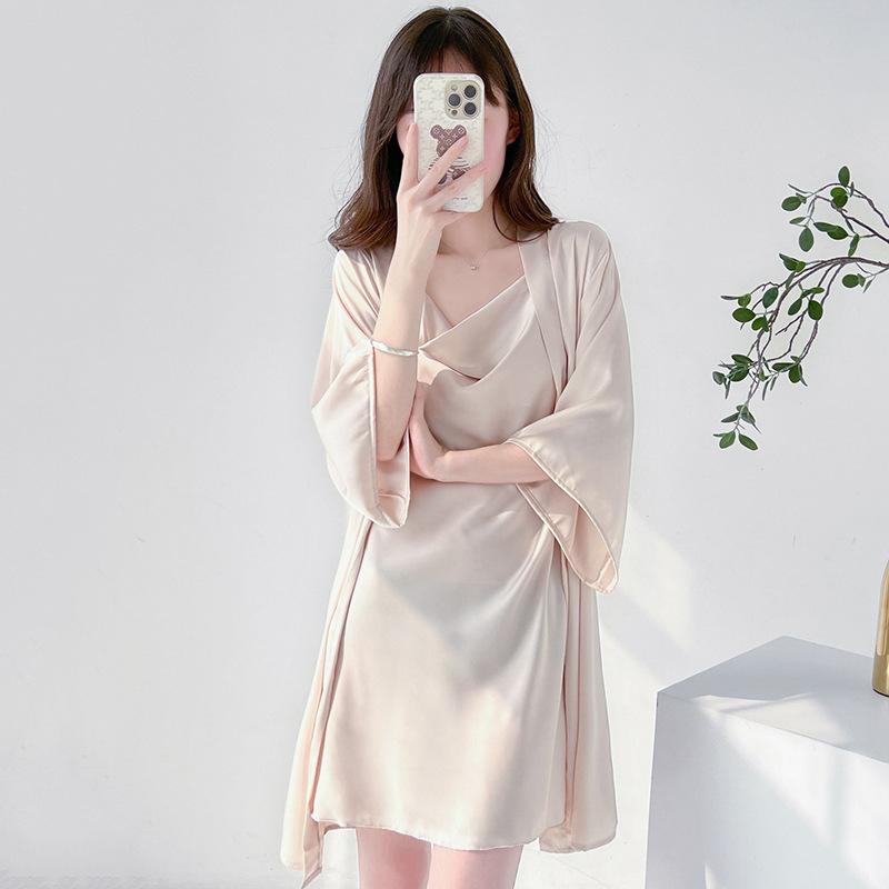Sexy pajamas women's summer 1011 new ice silk suspender nightgown set Internet celebrity live broadcast explosion long-sleeved loungewear