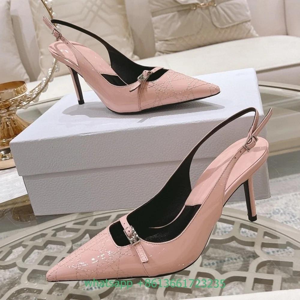 Women Summer Pointed Toe  Pumps Buckle Shallow Stiletto High Heels Back Strap Slip On Sandals Sexy Shiny Leather Shoes