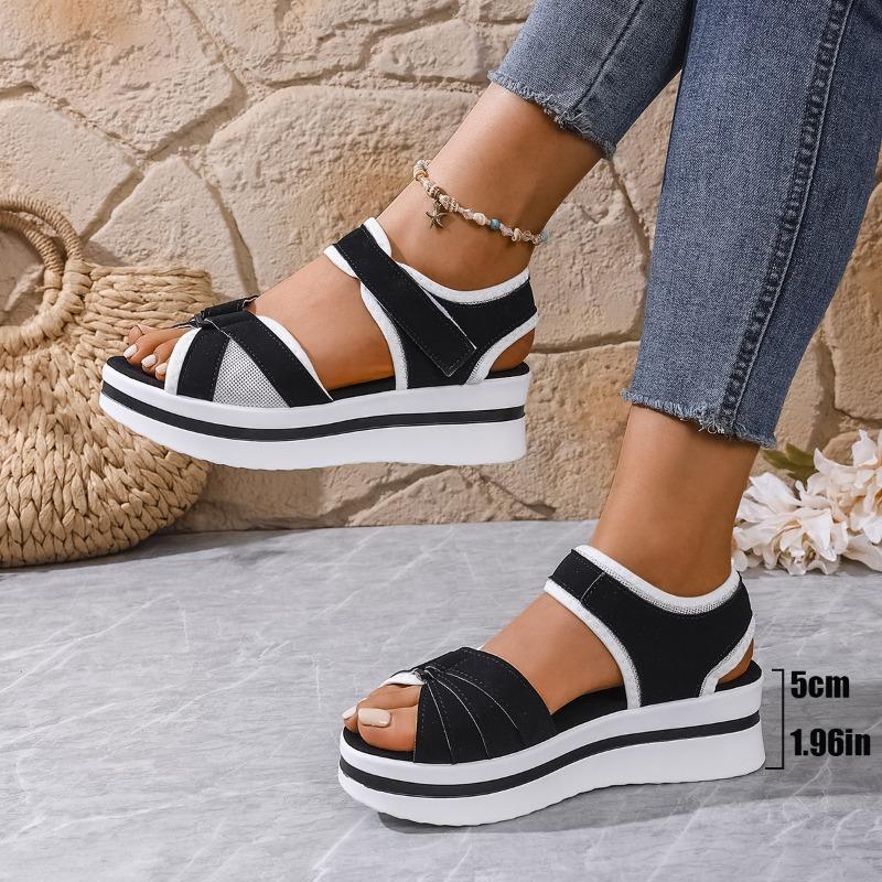 New Sandals Women's Large Size Thick-soled Color Matching Flat-soled Velcro Daily Casual Beach Sandals