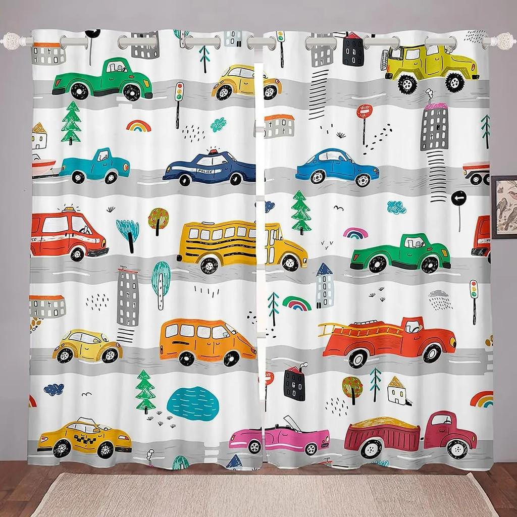 Barn Tecknad Lastbil Kran Grävmaskin Pojkars Favorit Byggnadsgardin Tunga Maskiner 3D-Tryckta Fönstergardiner för Sovrum