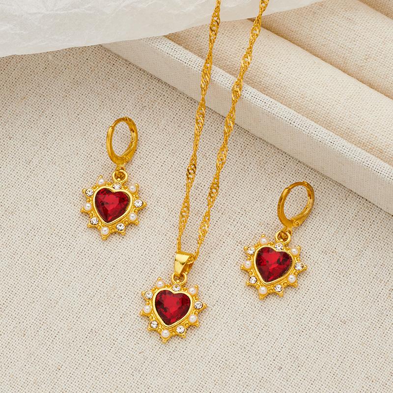 Vintage Red Gemstone Heart Dangle Earrings Gold Plated Baroque Style Pearl Crystal Earrings For Women French Jewelry