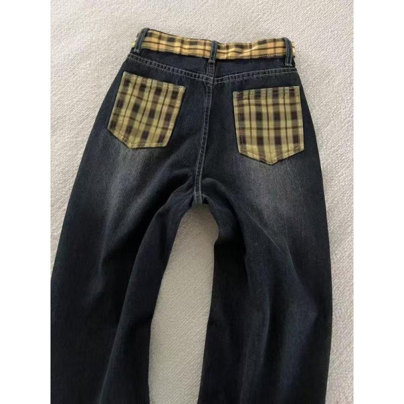 Women's High Waist Retro Plaid Bowknot Patchwork Wide Leg Jeans (2025 Design)