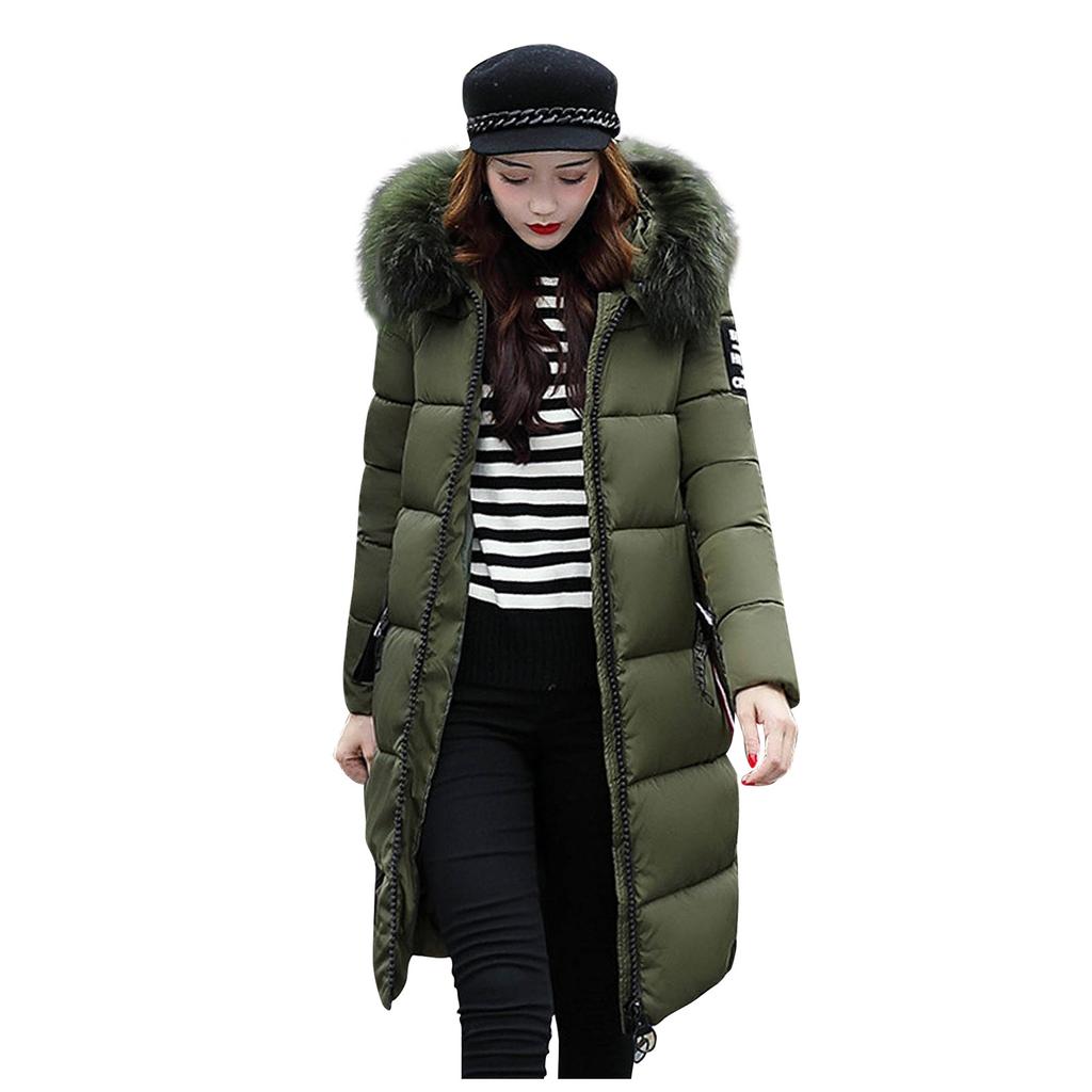 Women's Fashion Big Hair Collar Slim Waist Long Down Cotton Jacket Cotton Coat