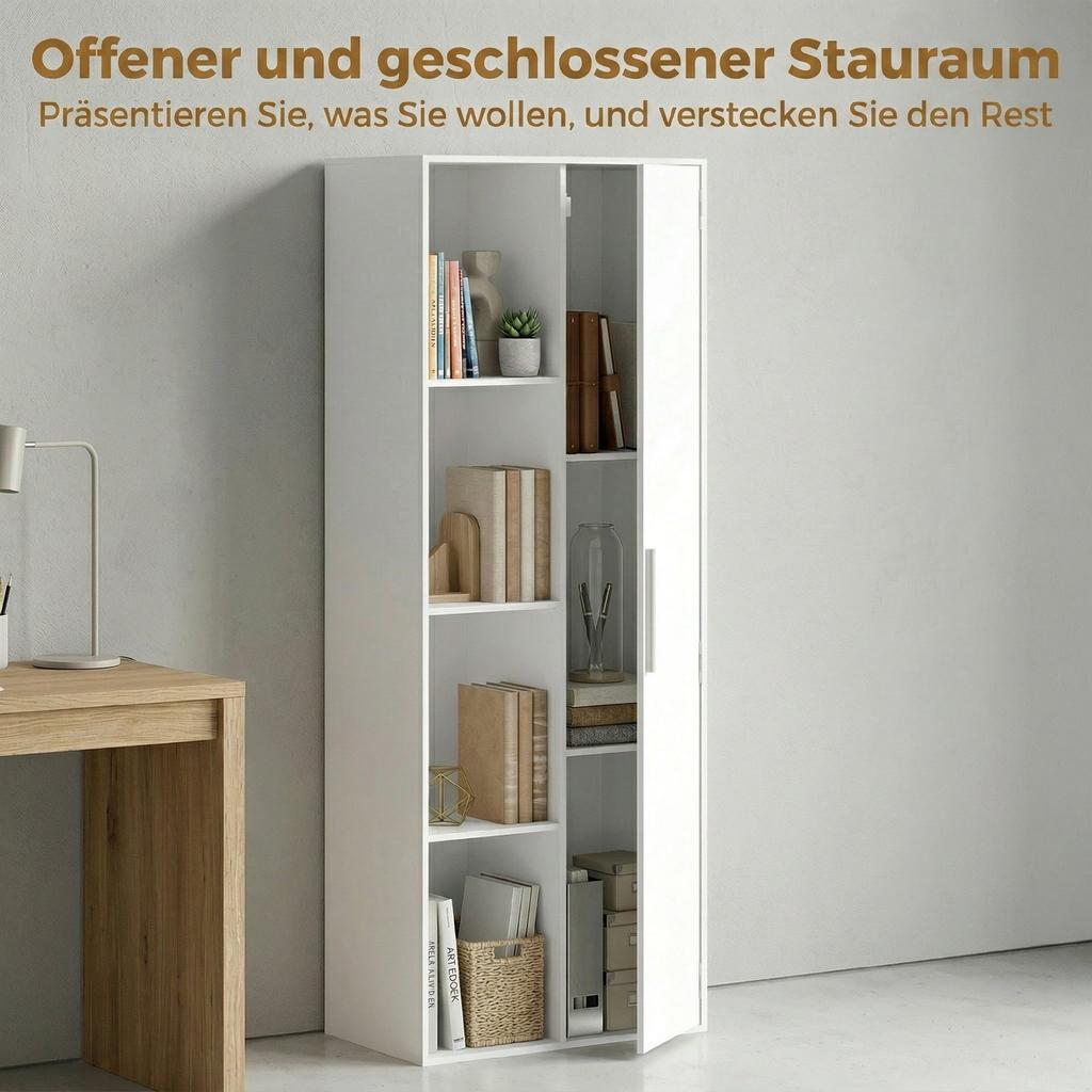 4-Tier Bookshelf with Adjustable Shelves, Shelf with Cabinet and Doors for Living Room, Study, White