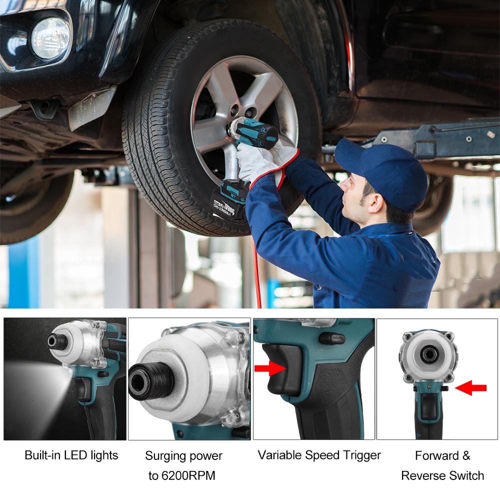 388vf 800N.M Brushless Cordless Electric Impact Driver 1/4"" Screwdriver Driver Wrench Power Tools with 2 Battery