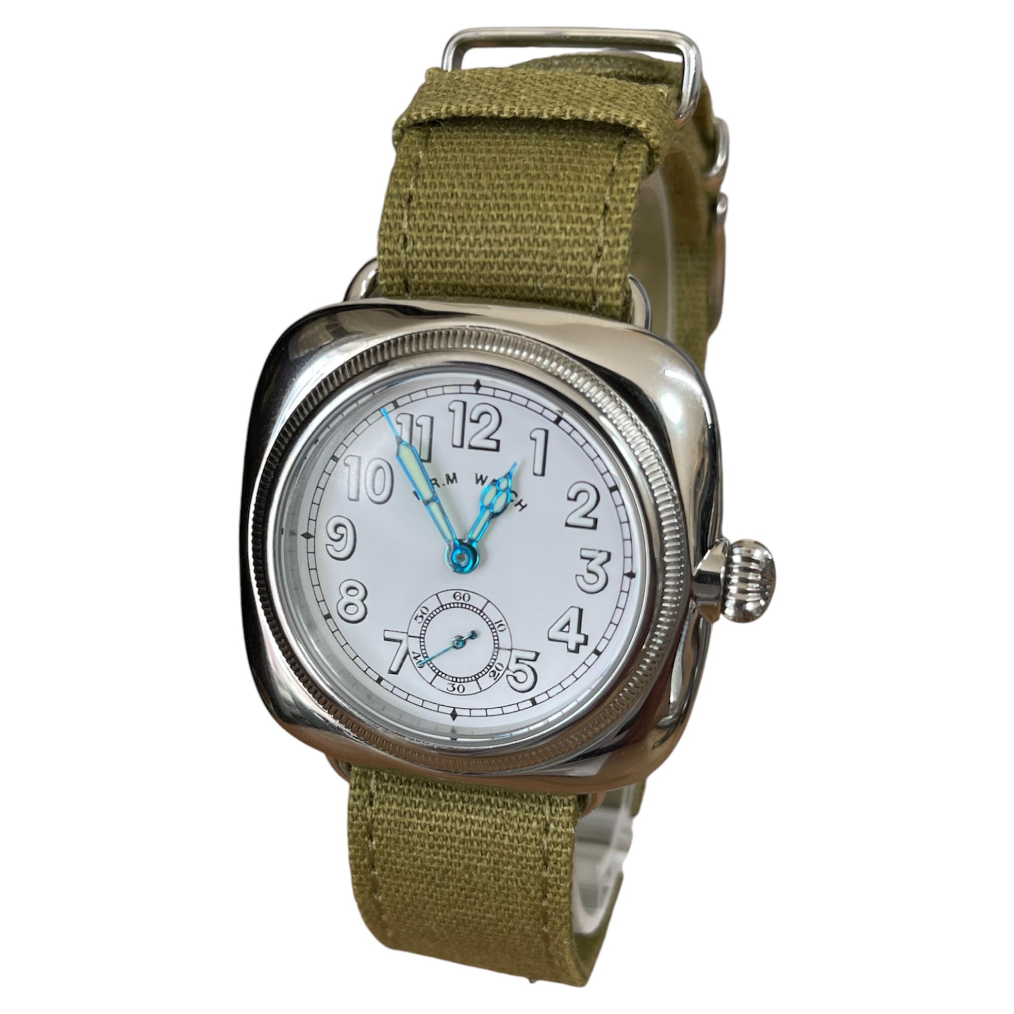 

Военные часы Подушкообразные часы Белый циферблат Зеленый тканевый ремешок [M.R.M.W.]