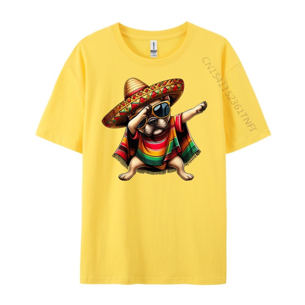 Dabbing Frenchie Dog Sombrero Mexican Poncho Cinco De Mayo Graphic T Shirts Men Cotton Camisetas  Breathable