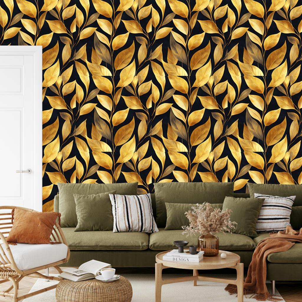 Wallpaper Flowers and Leaves Gold, Ochre and Black for Living Room and Bedroom 50x1000