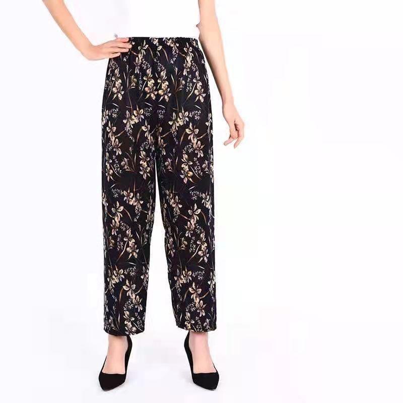 Women's   Summer Ice Silk Home Pants Loose Printed Jogger Pants High Waist Thin Casual Cropped Pants