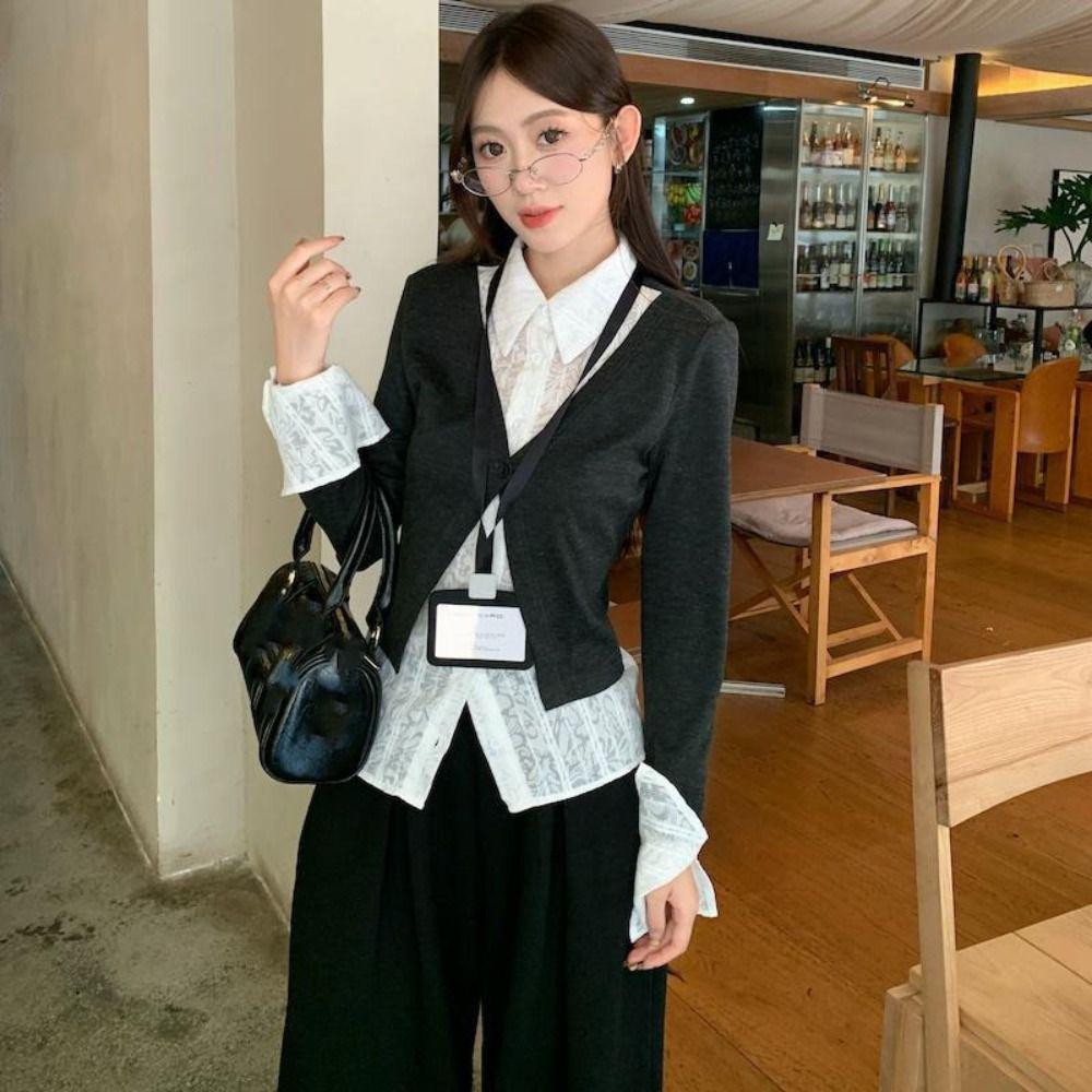 Slim Fit False Two-piece Top Flip Collar Lace Long Sleeved Knitwear  Spring Autumn