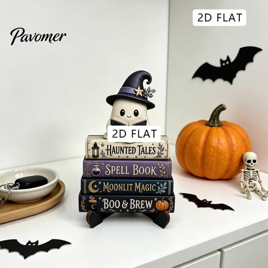 Fall Fireplace Decorations Halloween Reading Ghost Figurine, Wooden Desktop Ornaments, Vintage Spooky Shelf Accents Statue with Stand for Home