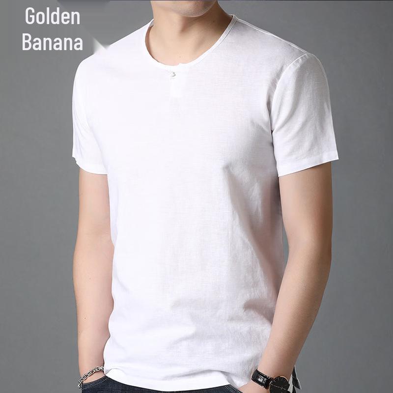 Men's Summer Cotton Linen Blend Round Neck T-Shirt