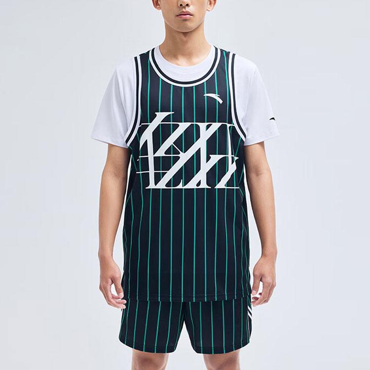 Anta Lighthearted Series Logo Letter Pattern Striped Vest And Shorts Basketball Set Men sets Moss-Green 152321205-3