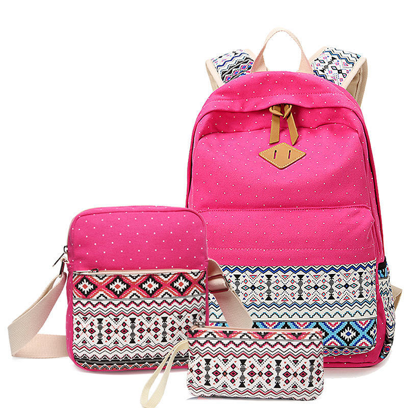 SUNBORLS Canvas Backpack Women's Bag Women's Ethnic Style Backpack Casual Student Schoolbag Diagonal Bag Pen Bag Three-piece Set