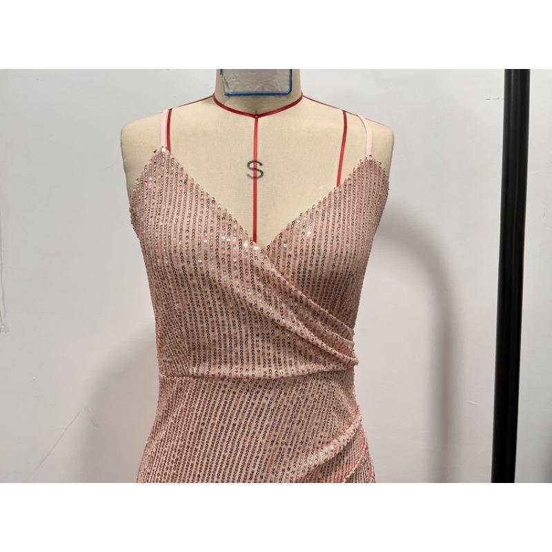Women Sequined Spaghetti Strap V Neck Bodycon Long Evening Party Dress