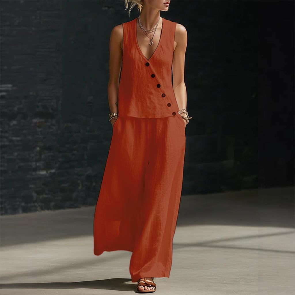 Women's Fashion Color Sleeveless V-neck Button Top With Elastic Waist Pocket Wide Leg Casual Pants Two Piece Set